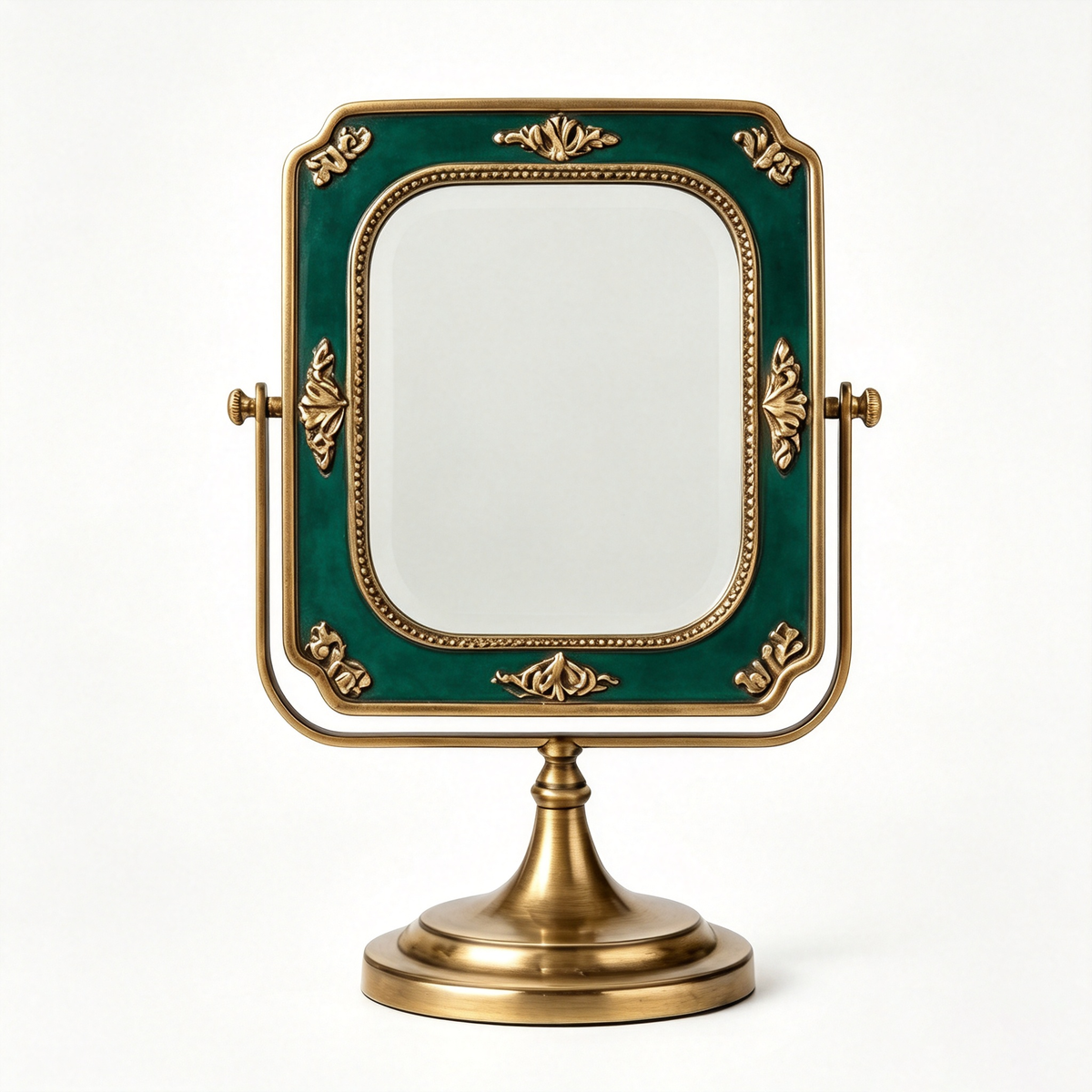 Regal Emerald & Antique Brass Tabletop Vanity Mirror