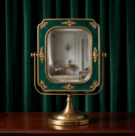 Regal Emerald & Antique Brass Tabletop Vanity Mirror