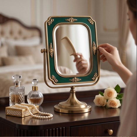 Regal Emerald & Antique Brass Tabletop Vanity Mirror