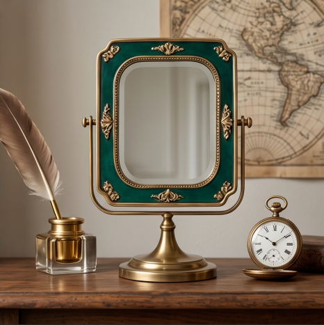 Regal Emerald & Antique Brass Tabletop Vanity Mirror