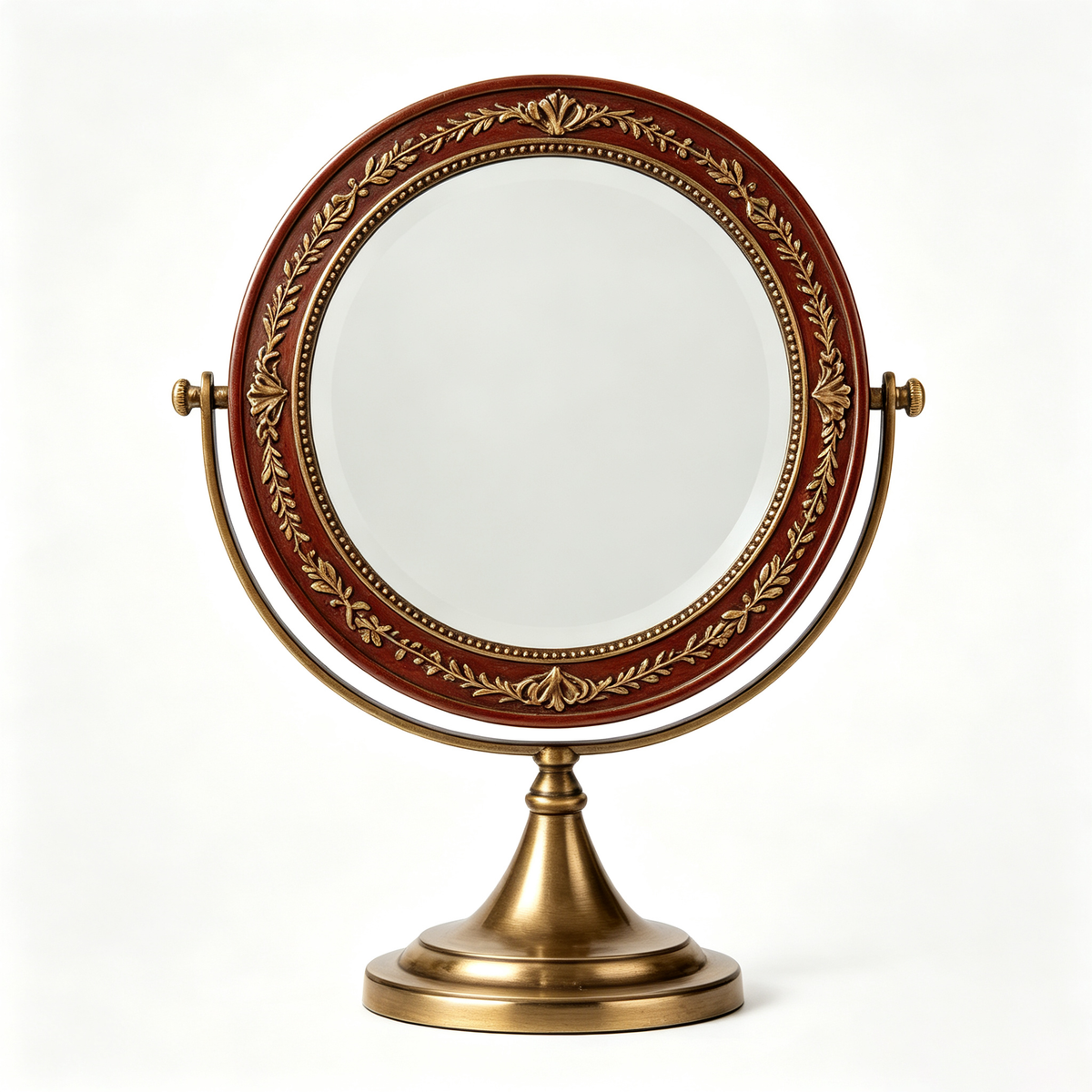 Vintage Crimson & Antique Brass Round Vanity Mirror