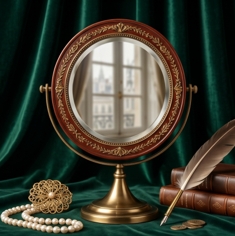 Vintage Crimson & Antique Brass Round Vanity Mirror