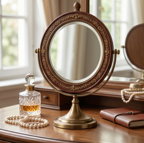 Vintage Crimson & Antique Brass Round Vanity Mirror