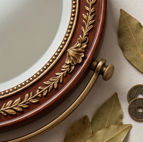 Vintage Crimson & Antique Brass Round Vanity Mirror