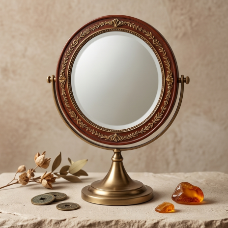 Vintage Crimson & Antique Brass Round Vanity Mirror