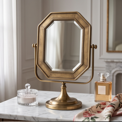 Antique Brass Octagonal Tabletop Vanity Mirror