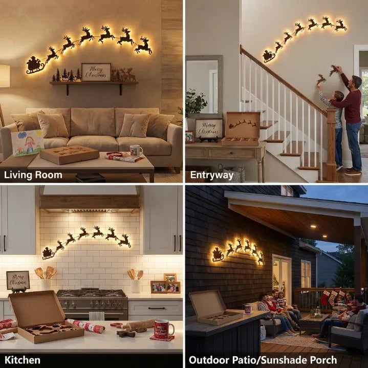 Holiday Magic LED Wooden Reindeer Sleigh Hanging Decor for Living Room & Home